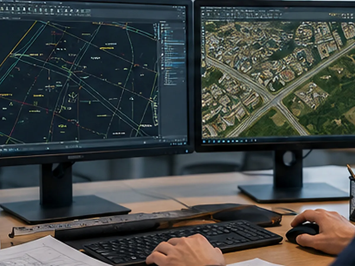 İki monitörde CAD ve uydu görüntüsü üzerinde çalışan teknik ofis masası