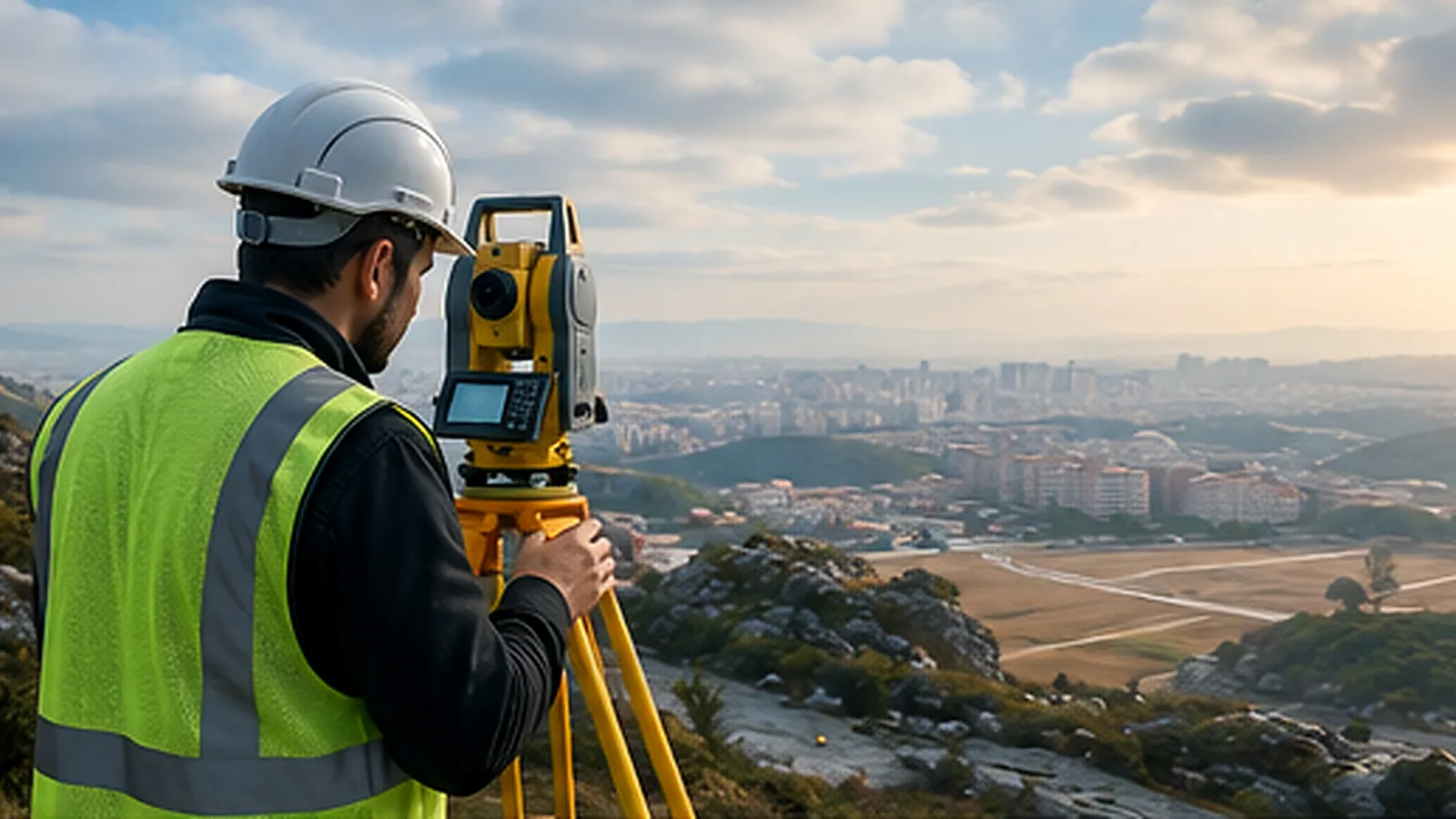 Sahada total station ile ölçüm yapan bir harita mühendisi, arka planda şehir silüeti